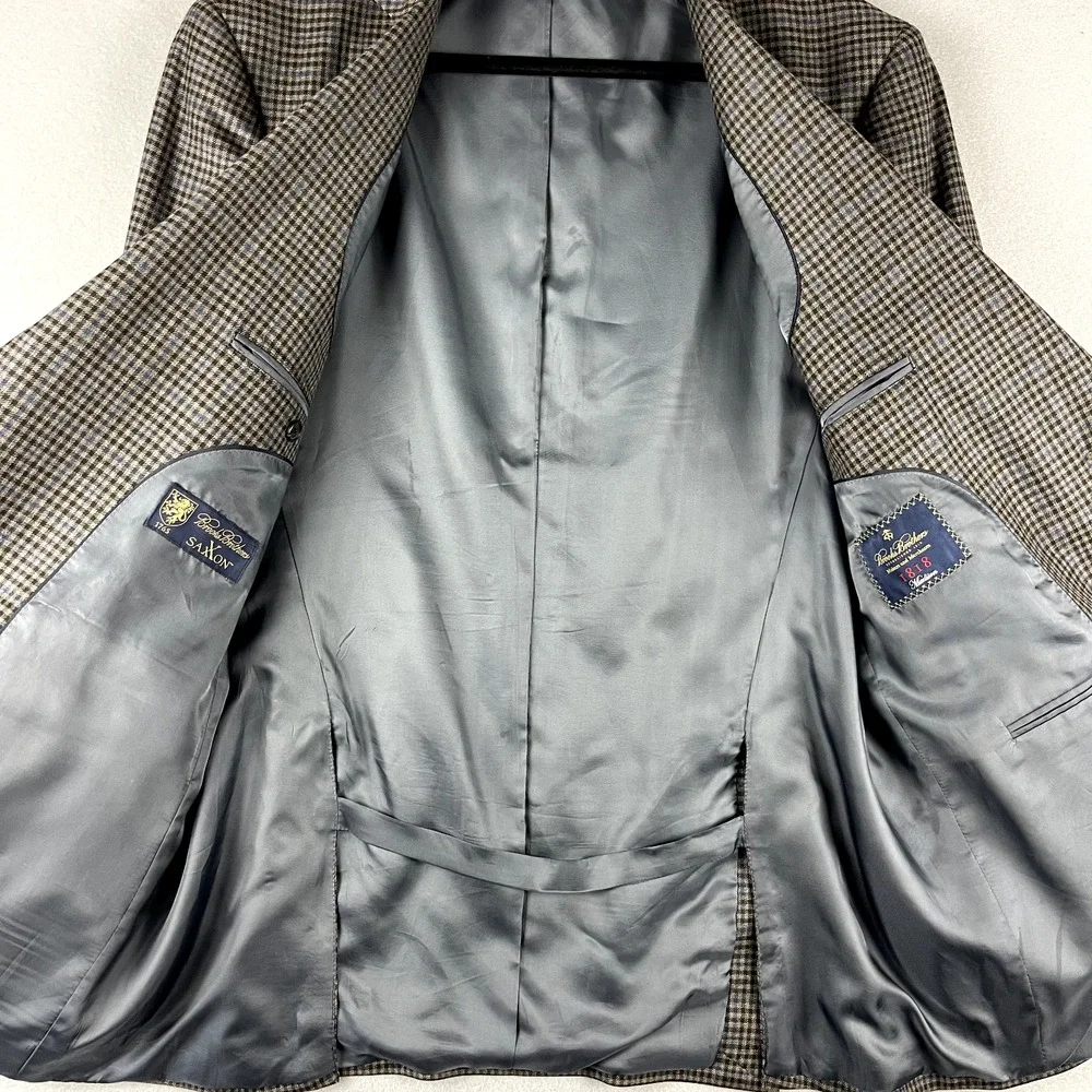 Brooks‎ Brothers 1818 Madison Saxxon Wool Blazer Mens 42L Black Tan Check Plaid